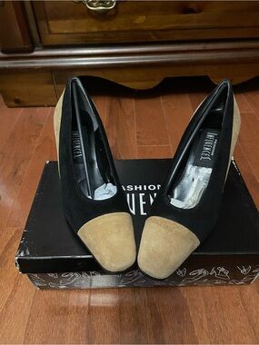 INTENTIONALLY BLANK Black and Tan Suede Two-Tone Pumps